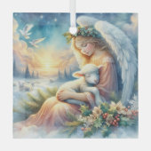 冬の平穏に羊と共にいるクリスマスの天使 ガラスオーナメント (正面)