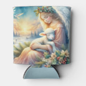 冬の平穏に羊と共にいるクリスマスの天使 缶クーラー (正面)