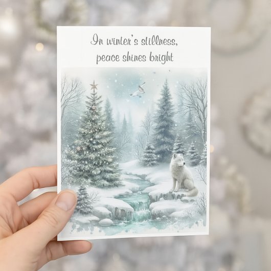 冬の平穏 白狐の地球への平和 ホリデーカード