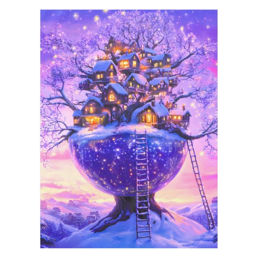 冬の幻想的な雪に覆われた樹々の村の風景 テーブルクロス (正面)