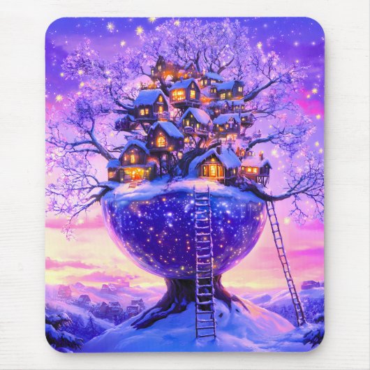 冬の幻想的な雪に覆われた樹々の村の風景 マウスパッド (正面)