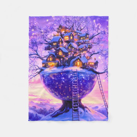 冬の幻想的な雪の木の村の風景 フリースブランケット (正面)