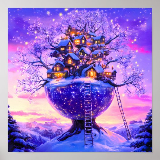 冬の幻想的な雪の木村の風景 ポスター (正面)