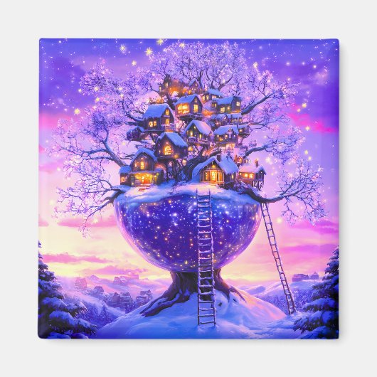 冬の幻想的な雪の木村の風景 マグネット (正面)