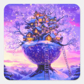 冬の幻想雪に覆われた樹々の村の風景 スクエアシール (正面)