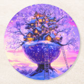 冬の幻想雪に覆われた樹々の村の風景 ラウンドペーパーコースター (正面)