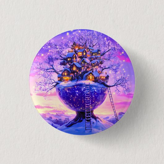 冬の幻想雪に覆われた樹々の村の風景 缶バッジ (正面)