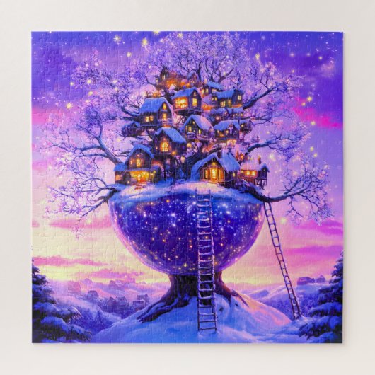 冬の幻想 雪に覆われた樹々と村の風景 ジグソーパズル (縦)