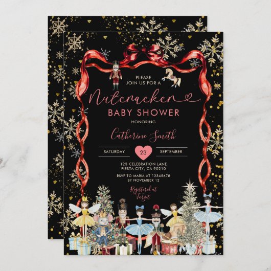 冬の弓のナツクラッカーバレエ赤ちゃんシャワースノーフレーク 招待状 (正面/裏面)