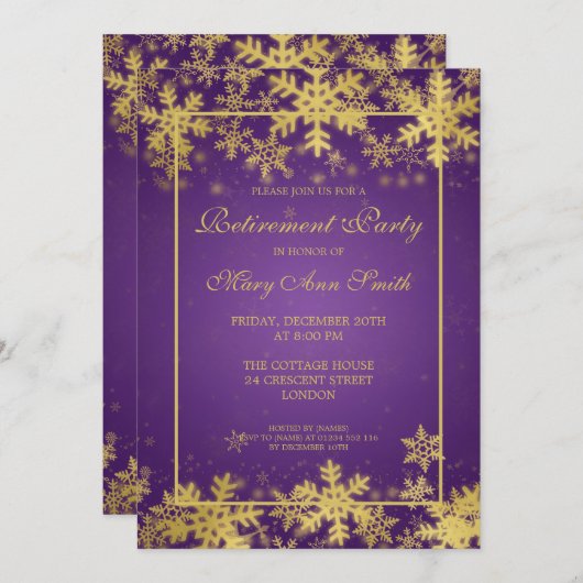 冬の引退パーティー金ゴールド紫の雪片 招待状 (正面/裏面)