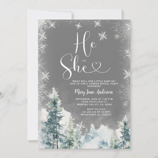 冬の彼と彼女の白い雪の結晶ジェンダー明かす 招待状 (正面)