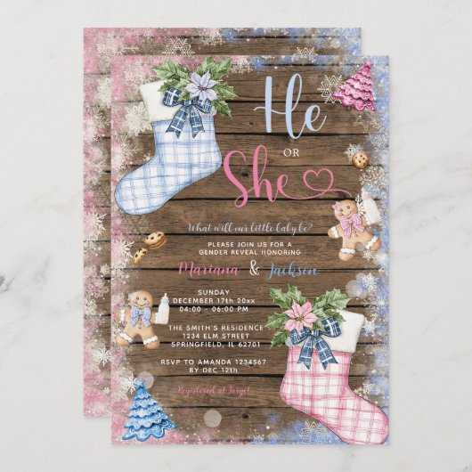 冬の彼または彼女の靴下ジンジャーブレッド性別が明らかにする 招待状 (正面/裏面)