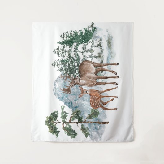 冬の情景の背景　鹿と松の木の雪の競演 タペストリー (正面)