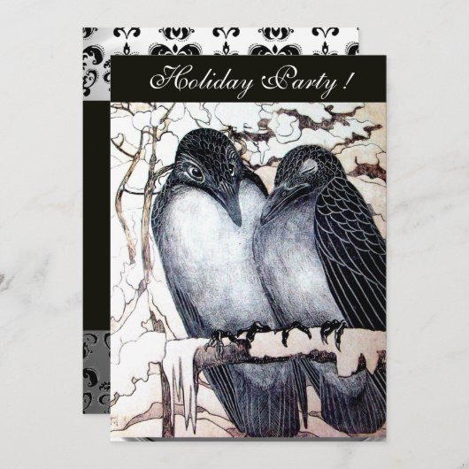 冬の愛の鳥の白黒ダマスモノグラム 招待状 (正面/裏面)