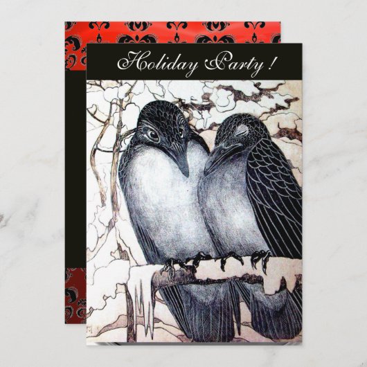 冬の愛の鳥の白黒赤ダマスクモノグラム 招待状 (正面/裏面)