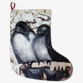 冬の愛鳥の雪の黒と白のスケッチ ラージクリスマスストッキング (正面)