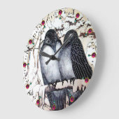 冬の愛鳥の雪の黒と白のスケッチ ラージ壁時計 (傾斜)