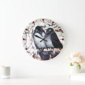 冬の愛鳥の雪の黒と白のスケッチ ラージ壁時計 (ホーム)