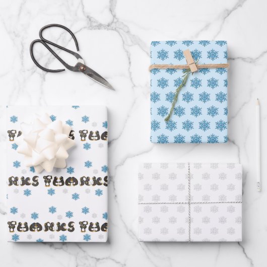 冬の感謝していペンギンの雪片ありがとう ラッピングペーパーシート (正面)