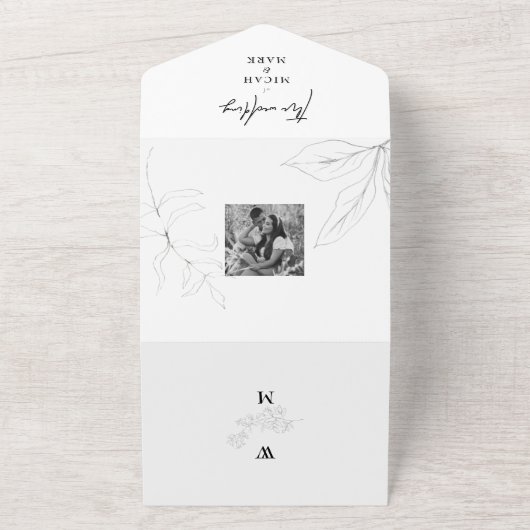 冬の手描きの葉の2枚の写真のウェディングオールインワン オールインワン招待状 (外側)