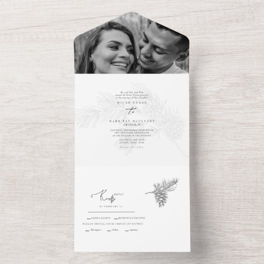 冬の手描きの葉の2枚の写真のウェディングオールインワン オールインワン招待状 (内側)