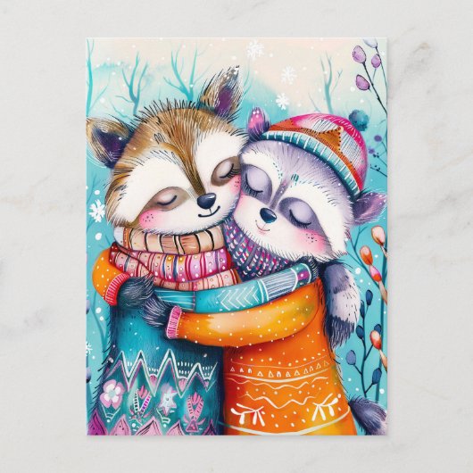 冬の抱擁する二匹のアライグマ ポストカード (正面)
