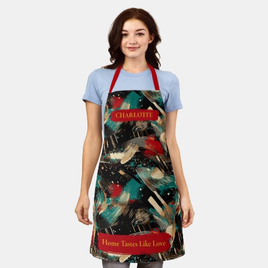 冬の抽象芸術ブラシストロークエプロン名前をカスタムする エプロン (着用した状態)