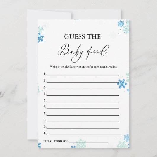 冬の推測ベビー食べ物ベビーシャワーゲームカード 招待状 (正面)
