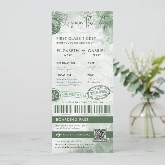冬の搭乗券の目的地の結婚式 招待状 (スタンド正面)