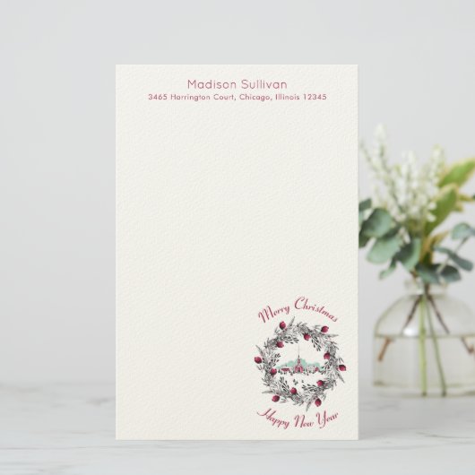 冬の教会とクリスマスリース パーソナライズされた 便箋 (スタンド正面)