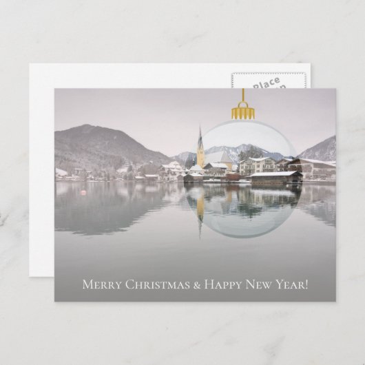 冬の教会とXマスのボールとクリスマスカード シーズンポストカード (正面/裏面)