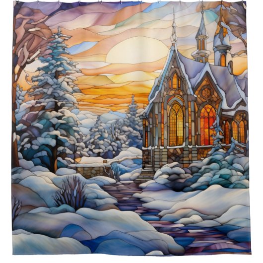 冬の教会のシャワーカーテン シャワーカーテン (正面)