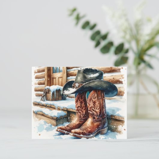 冬の日にフロントポーチでカウボーイブーツ シーズンポストカード (スタンド正面)