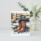 冬の日にフロントポーチでカウボーイブーツ シーズンポストカード (スタンド正面)