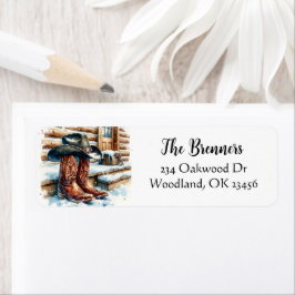 冬の日にフロントポーチでカウボーイブーツ ラベル