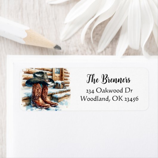 冬の日にフロントポーチでカウボーイブーツ ラベル (インサイチュ)