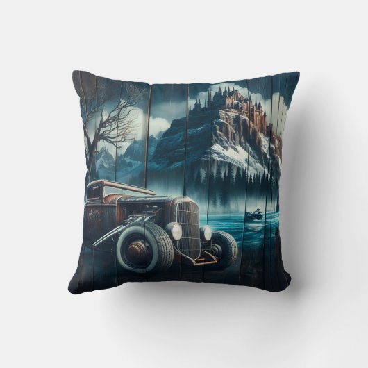 冬の日に城近くの古車 クッション (裏面)