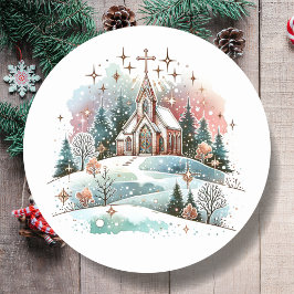 冬の日のクリスマスに水彩教会 ラウンドシール