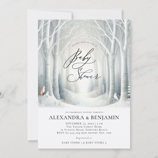 冬の日の出の森キツネコードニュートラルベビーシャワー 招待状 (正面)