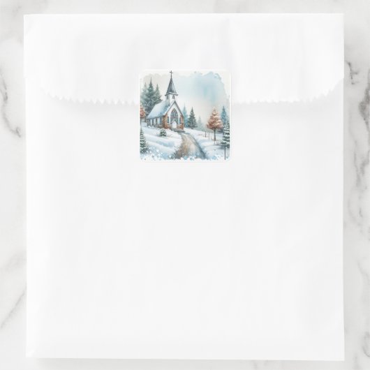 冬の日の教会 | 水彩クリスマス スクエアシール (バッグ)