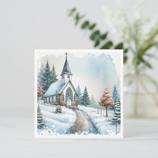 冬の日の教会 | 水彩画のクリスマス シーズンカード (スタンド正面)