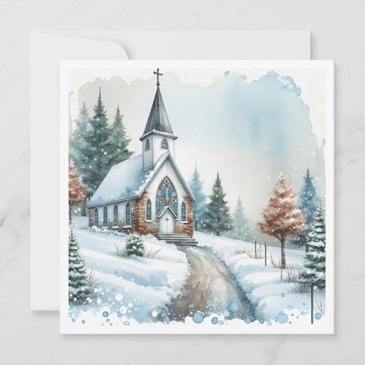冬の日の教会 | 水彩画のクリスマス シーズンカード (正面)