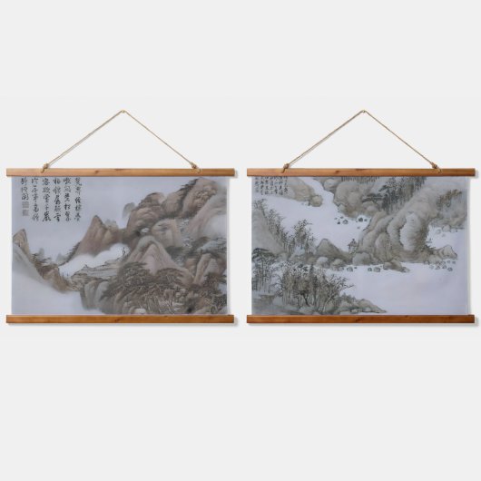 冬の日本の風景アート:ヴィンテージアジアの木材 吊り下げ型タペストリー (ダブル)