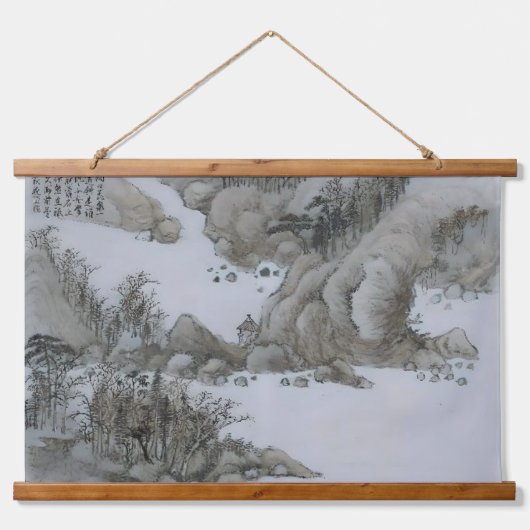 冬の日本の風景アート:ヴィンテージアジアの木材 吊り下げ型タペストリー (正面2)