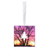 冬の日没の木メリークリスマス キューブオーナメント (右)