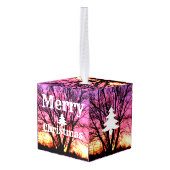 冬の日没の木メリークリスマス キューブオーナメント (裏面アングル)