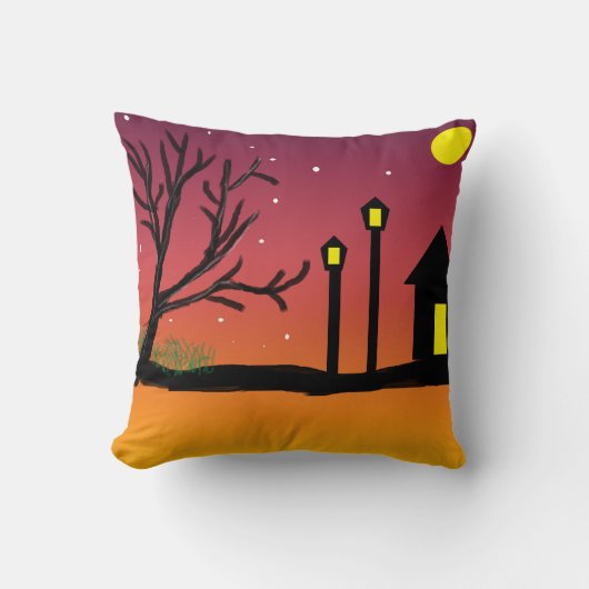 冬の日没通りと雪とシルエット クッション (正面)