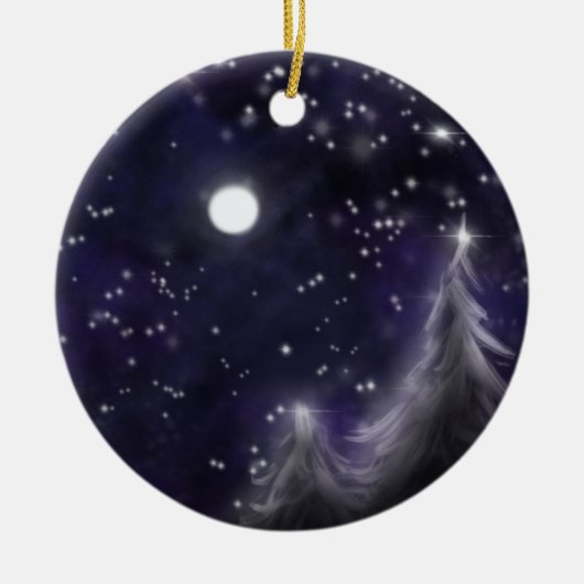 冬の星空の夜 – ロマンチックな休日の雪のシーン セラミックオーナメント (正面)
