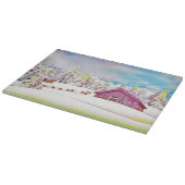 冬の景色トナカイとログキャビンの水色 カッティングボード (角)