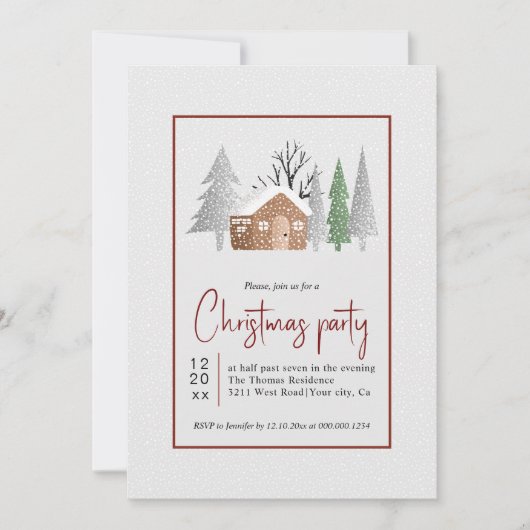 冬の景色、木々と降雪クリスマスパーティー 招待状 (正面)